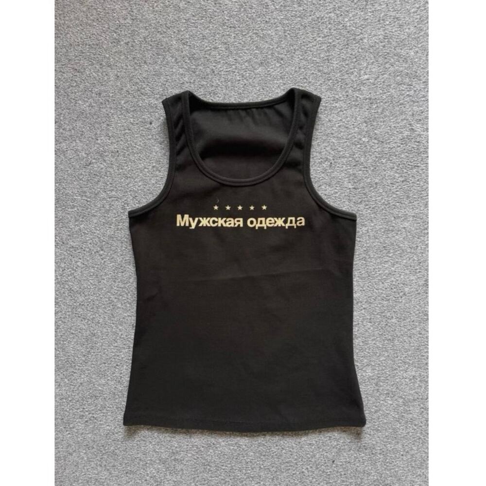 Japanese Brand Russian Print "Мужская одежда" Black Thermal Tanktop Shirt size L